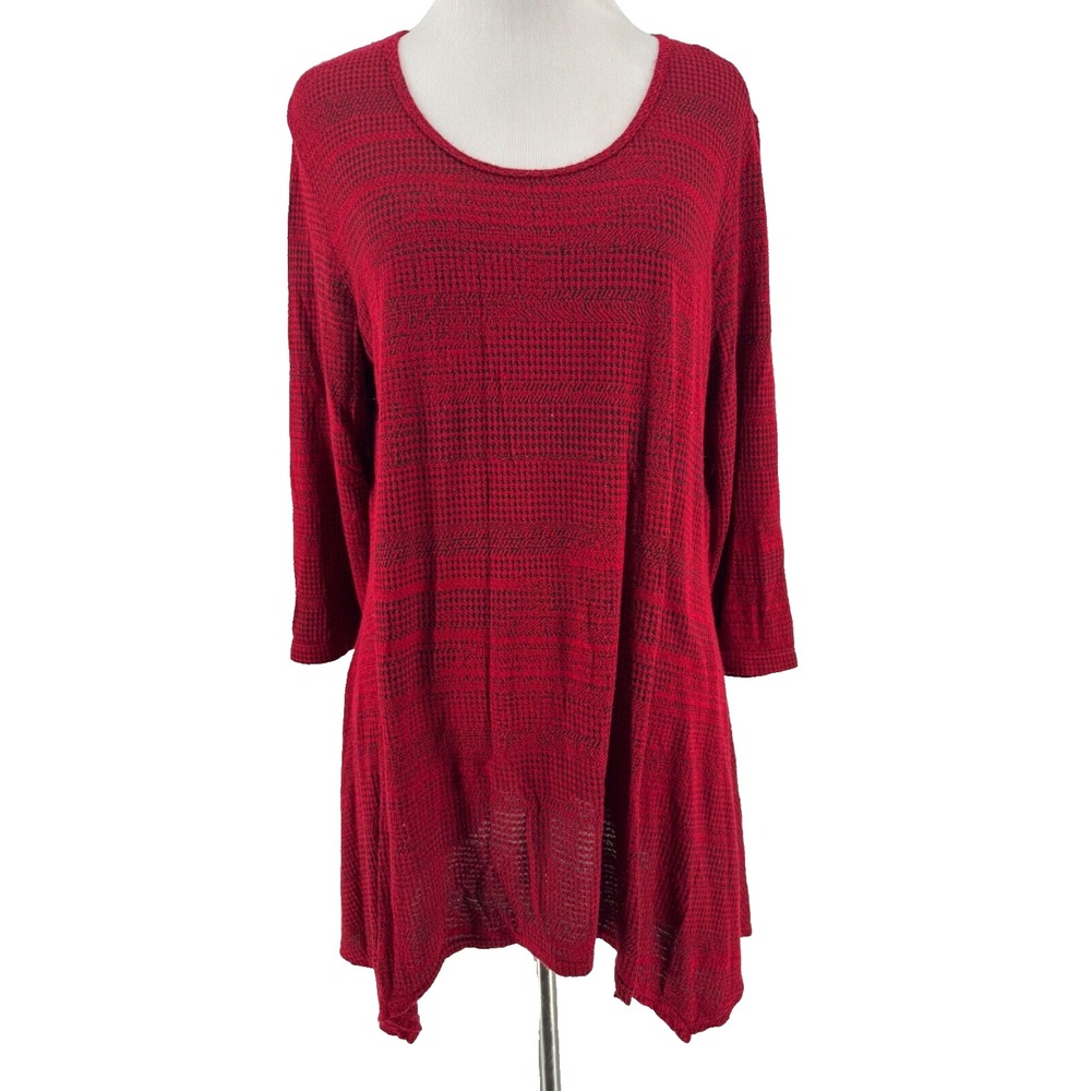 Tianello Women's Red & Black Knit 3/4 Sleeve Scoop Neck Sleeveless Blouse Medium